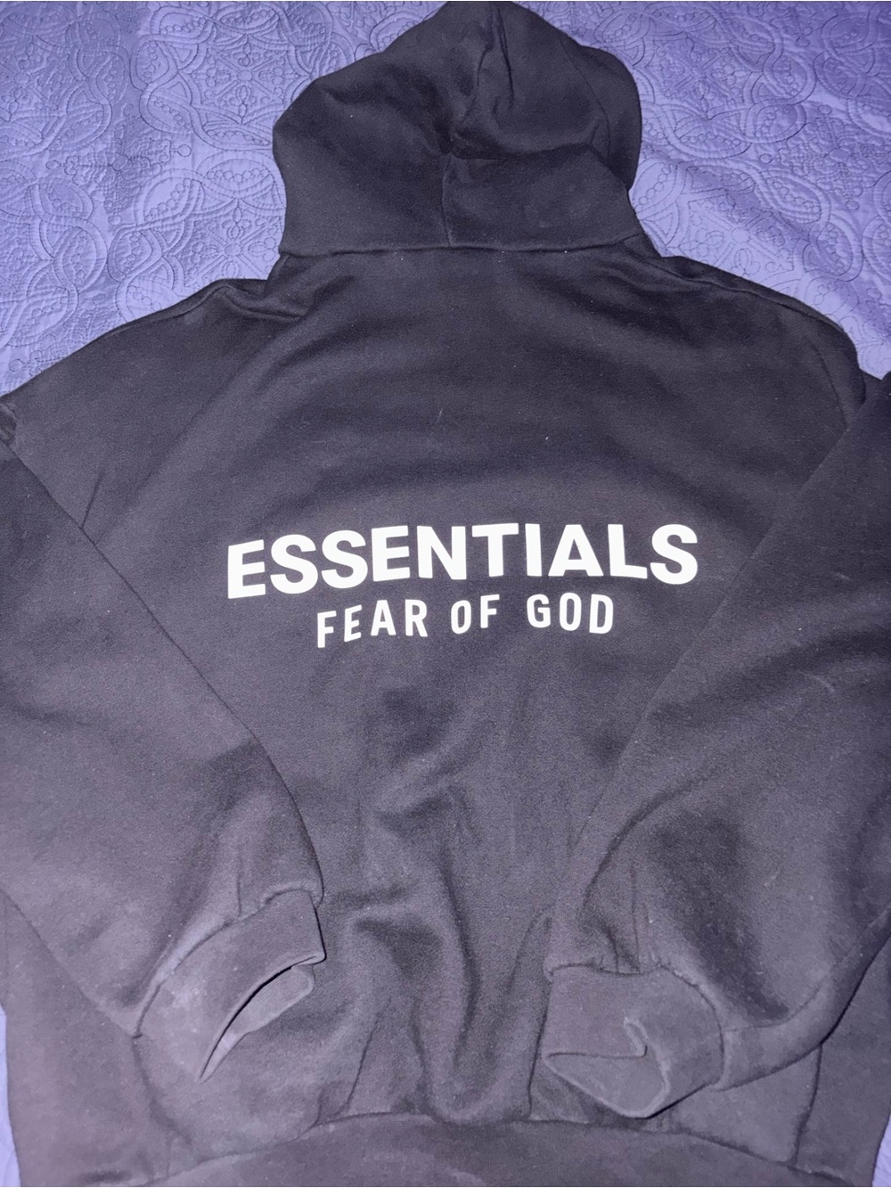Fear of God ESSENTIALS Black Crewneck Hoodie with Bold Back Logo